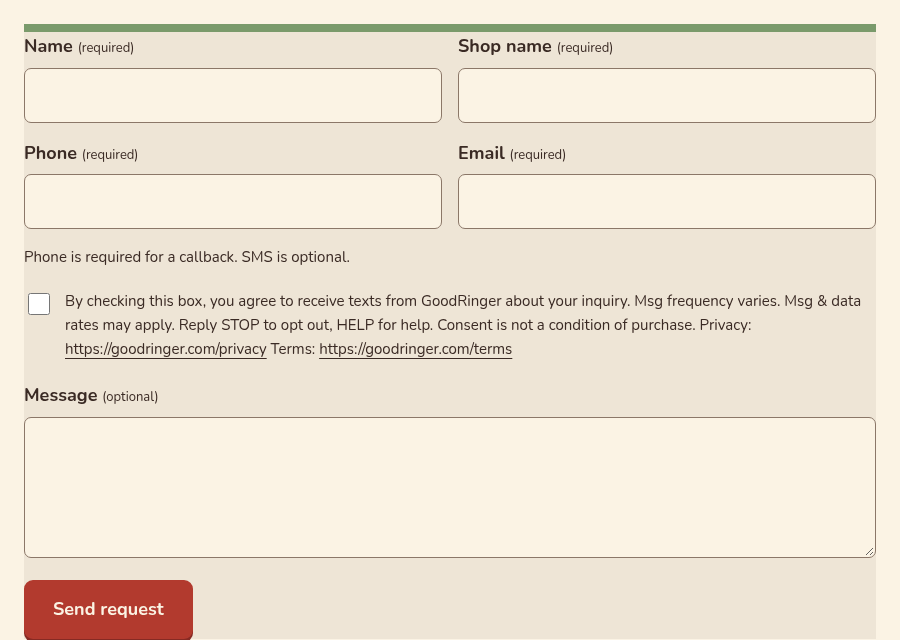 Screenshot of the goodringer.com contact form showing the optional, unchecked SMS consent checkbox