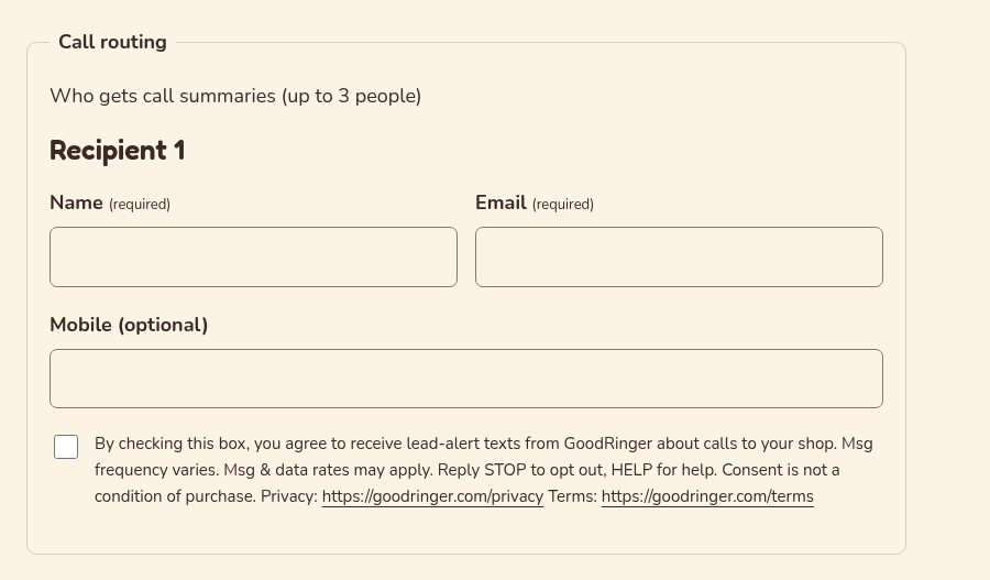 Screenshot of the goodringer.com onboarding form showing the optional, unchecked SMS consent checkboxes next to each staff mobile number